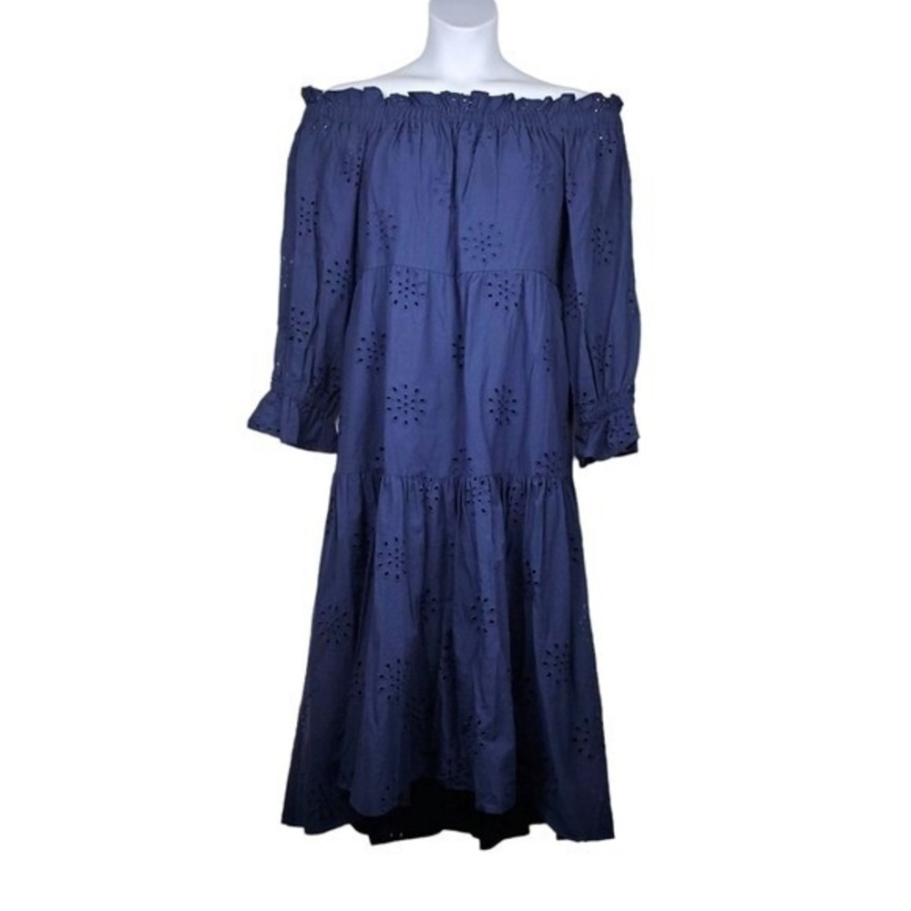 Chico's Womens Navy Blue Off The Shoulder Eyelet Midi Dress Size 8 NWT